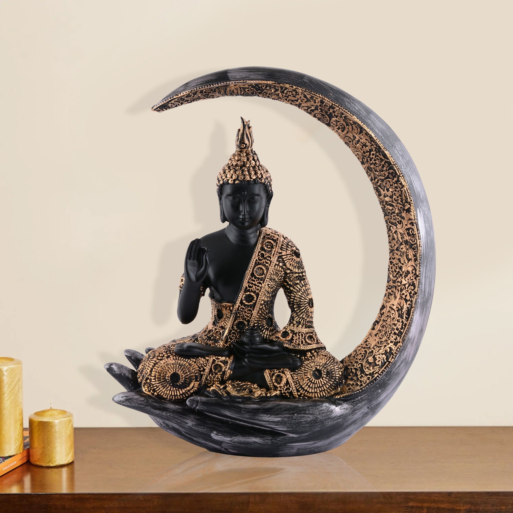 Buddha Sitting On Chand Black with Copper Work