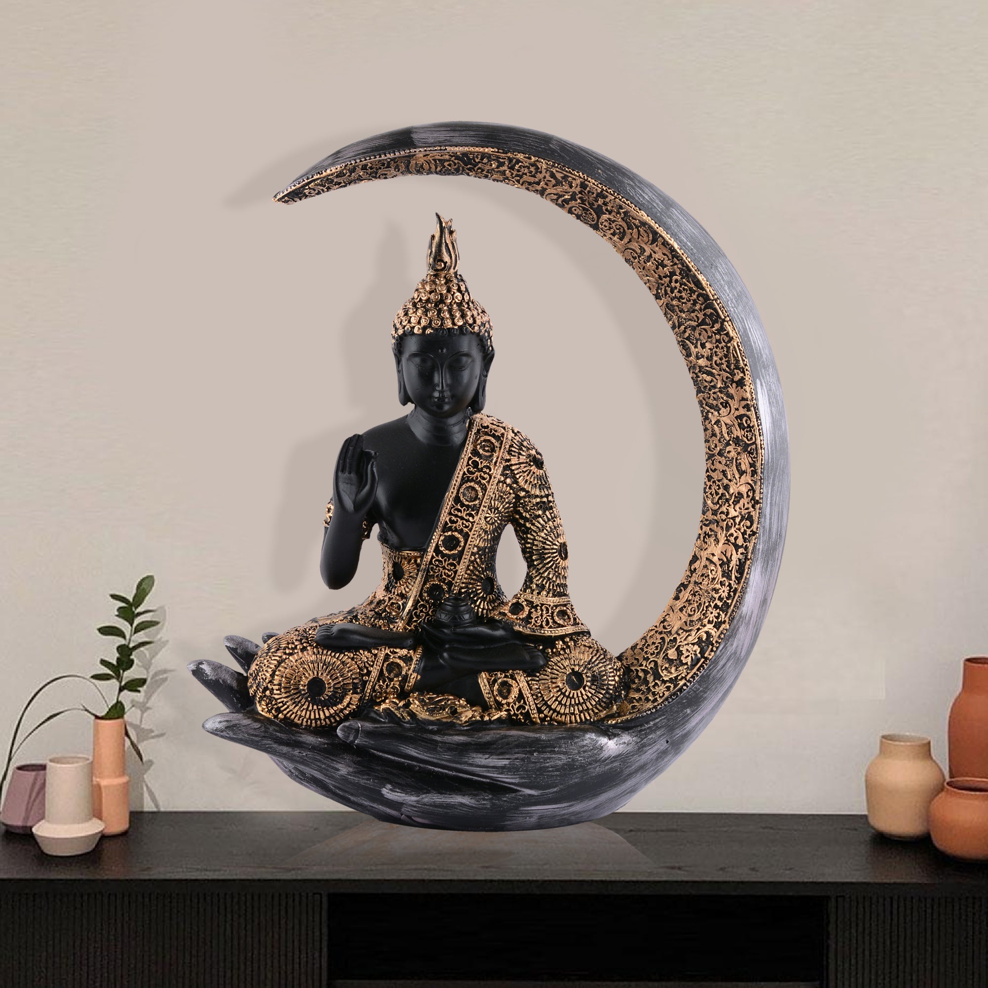 Buddha Sitting On Chand Black with Copper Work