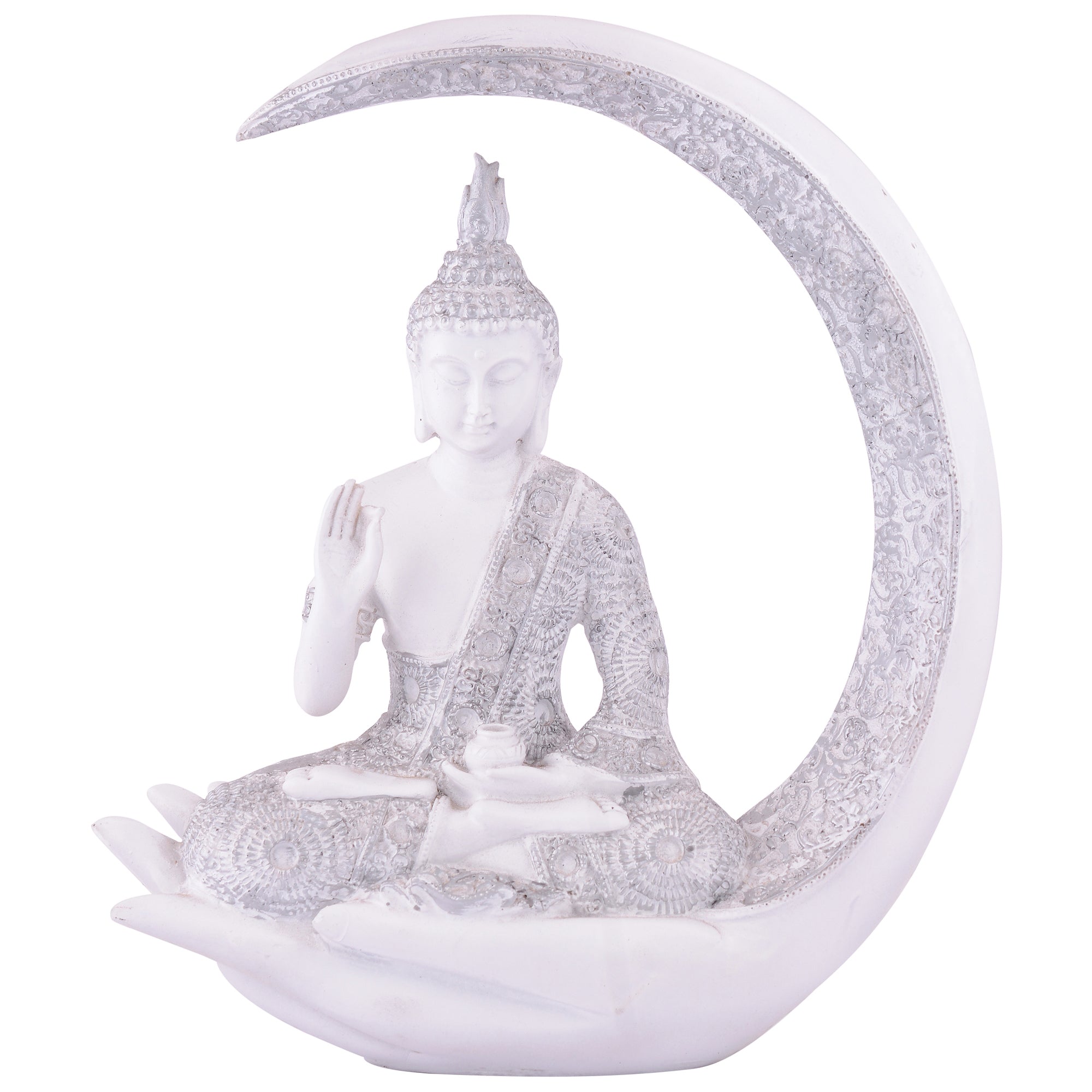 Buddha Sitting On Chand White with Silver Work