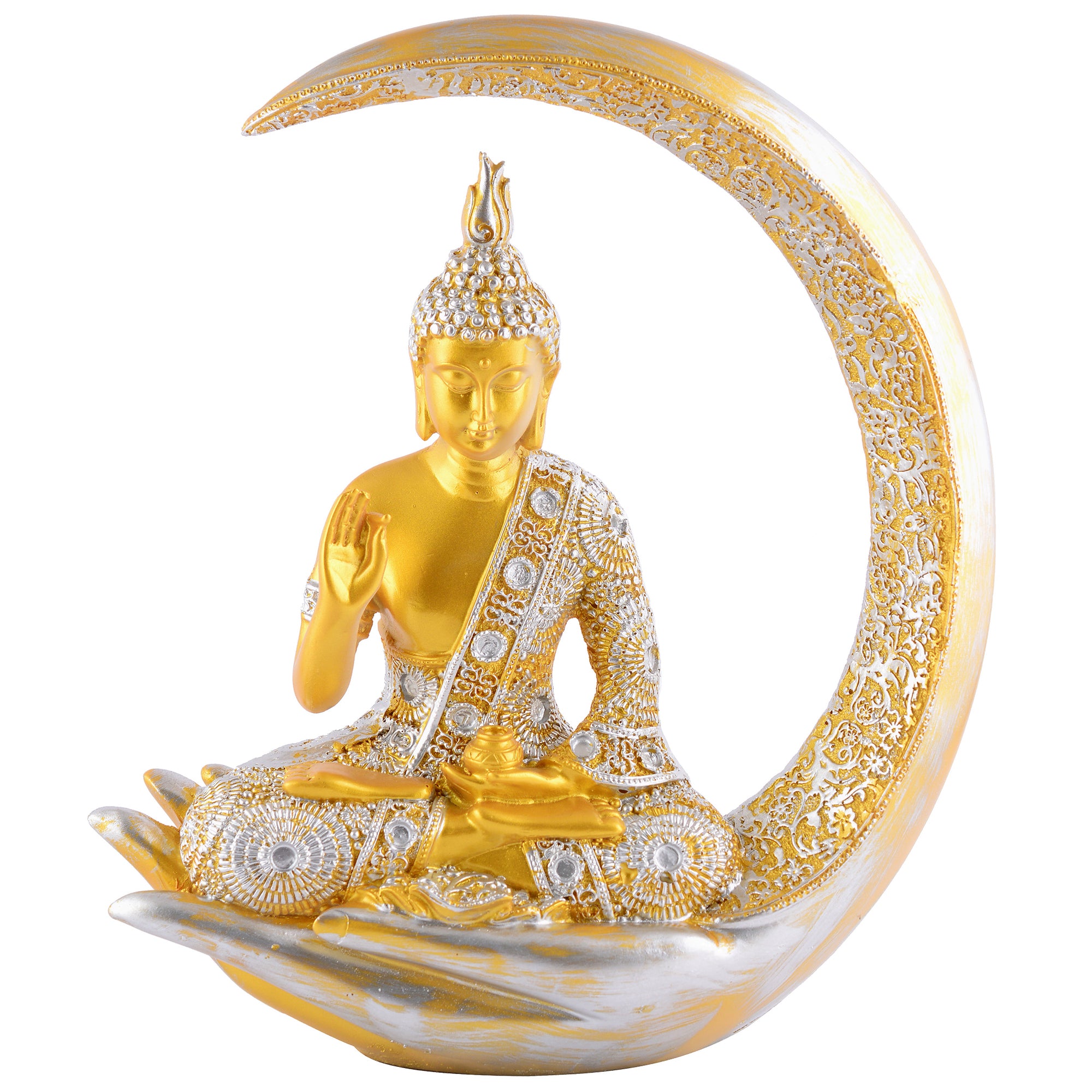 Buddha Sitting On Chand Golden with Silver Work