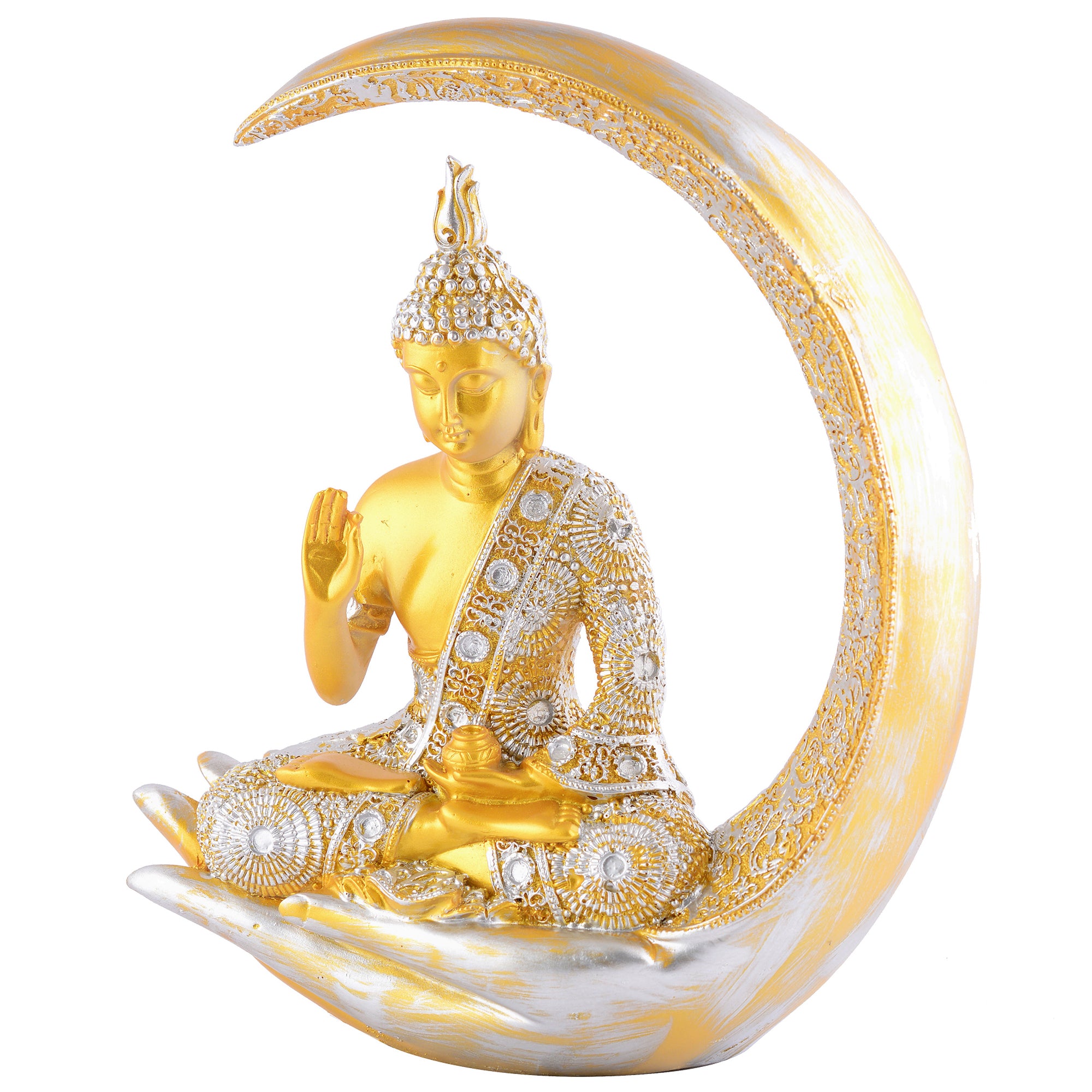Buddha Sitting On Chand Golden with Silver Work