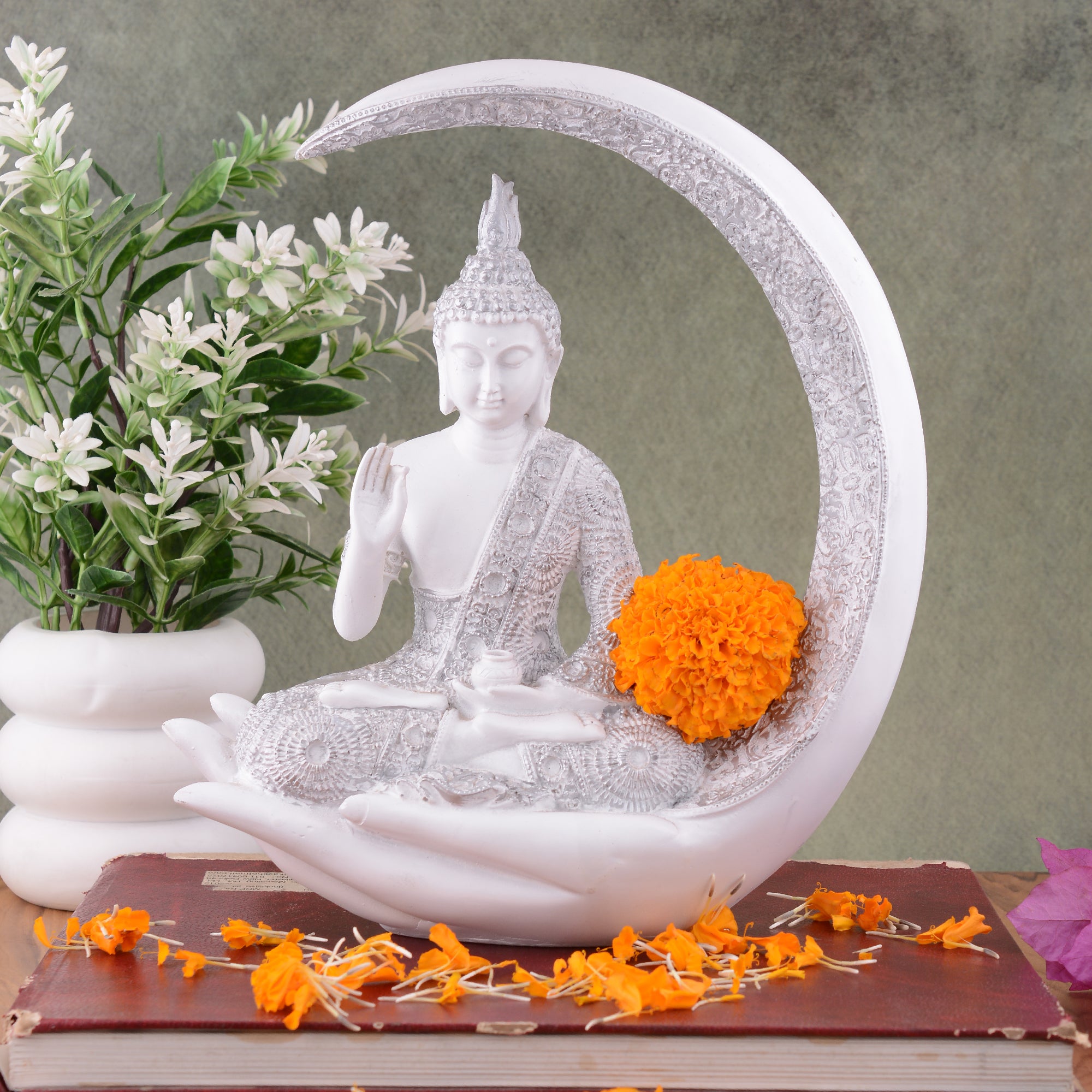 Buddha Sitting On Chand White with Silver Work