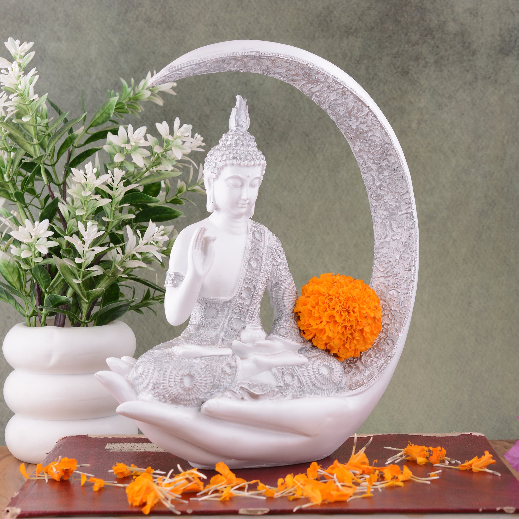 Buddha Sitting On Chand White with Silver Work