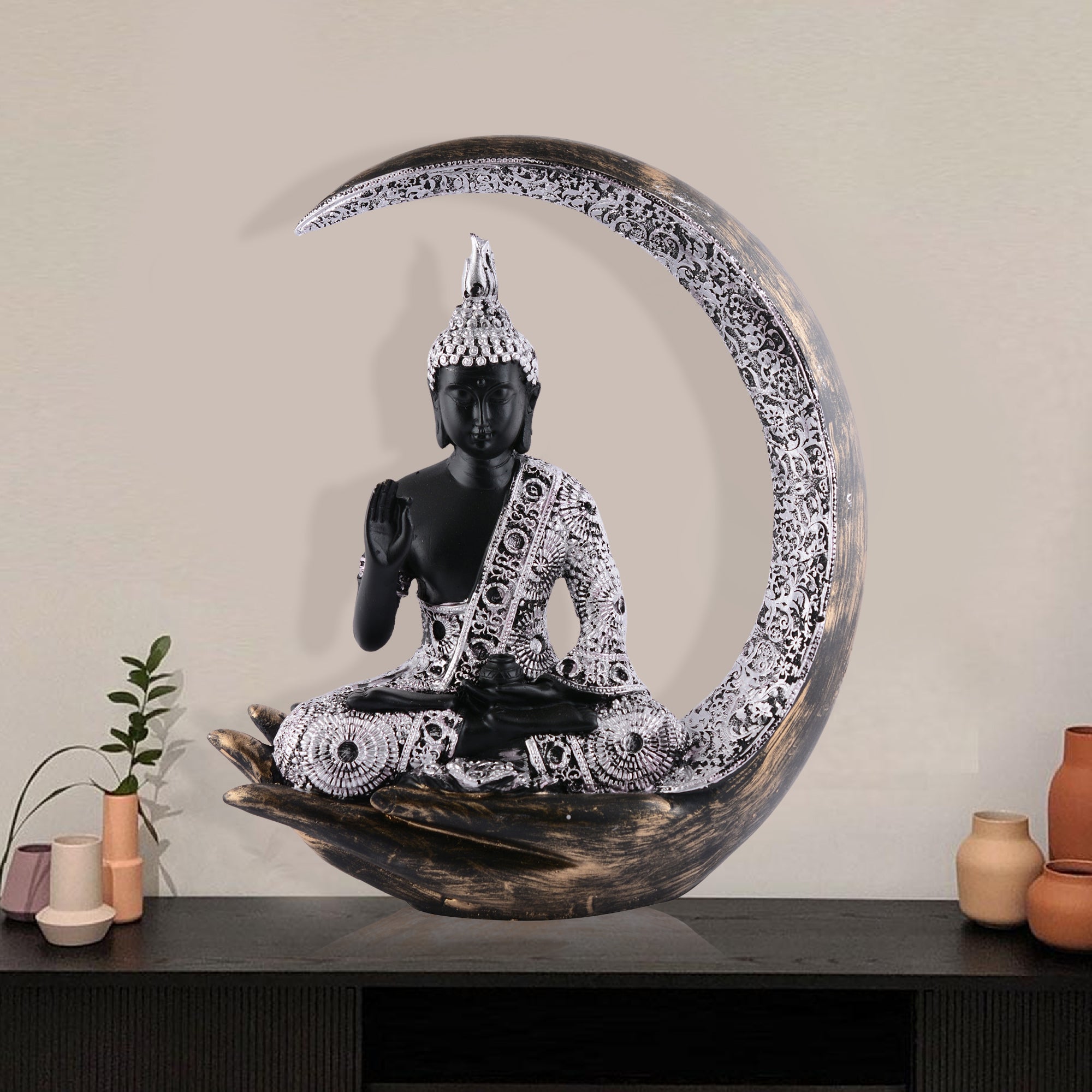 Buddha Sitting On Chand Black with Silver Work