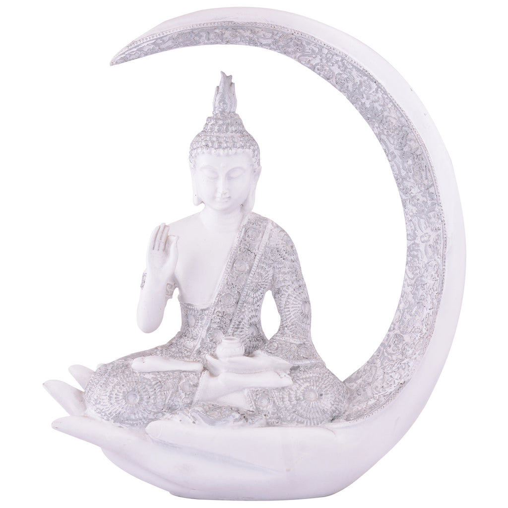 Buddha Sitting On Chand White with Silver Work