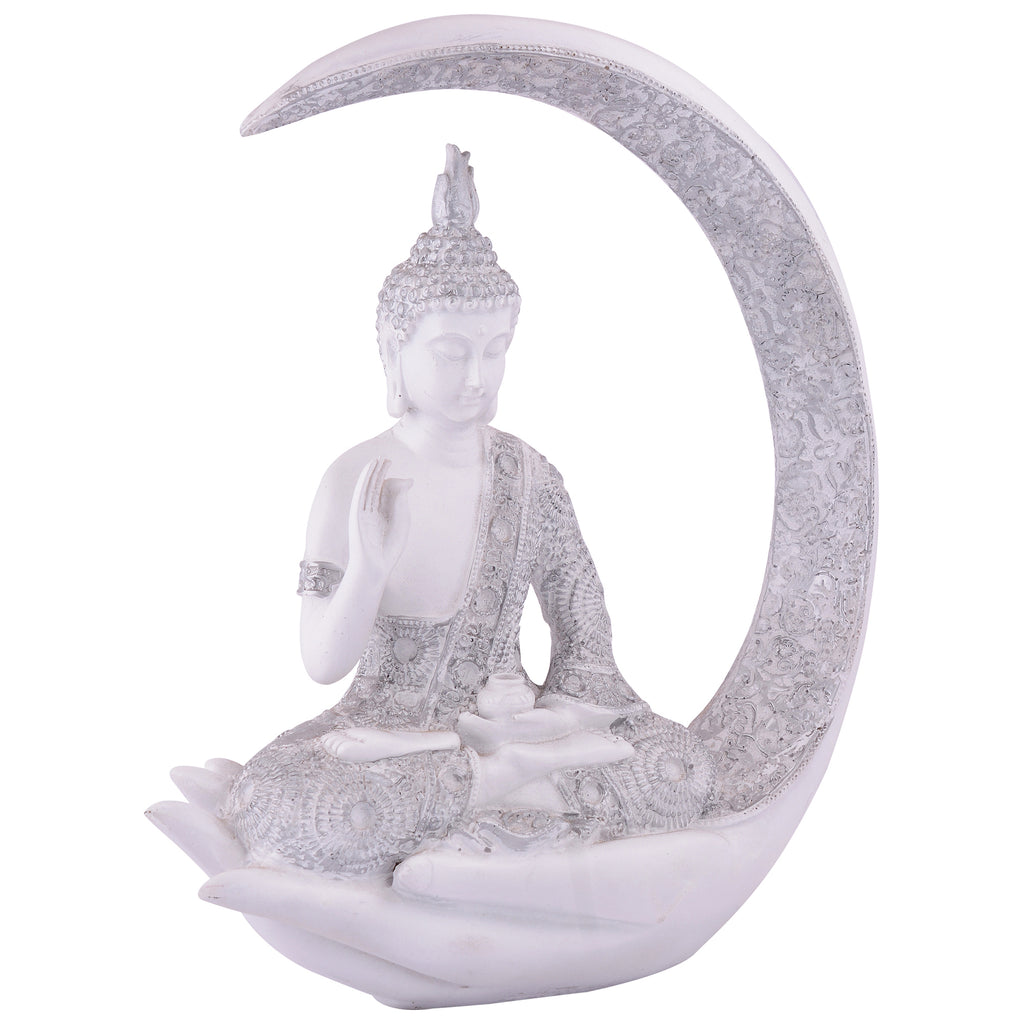 Buddha Sitting On Chand White with Silver Work