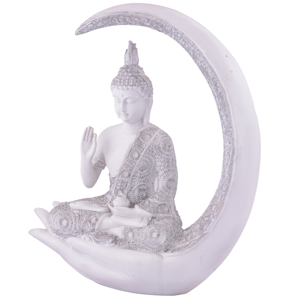 Buddha Sitting On Chand White with Silver Work
