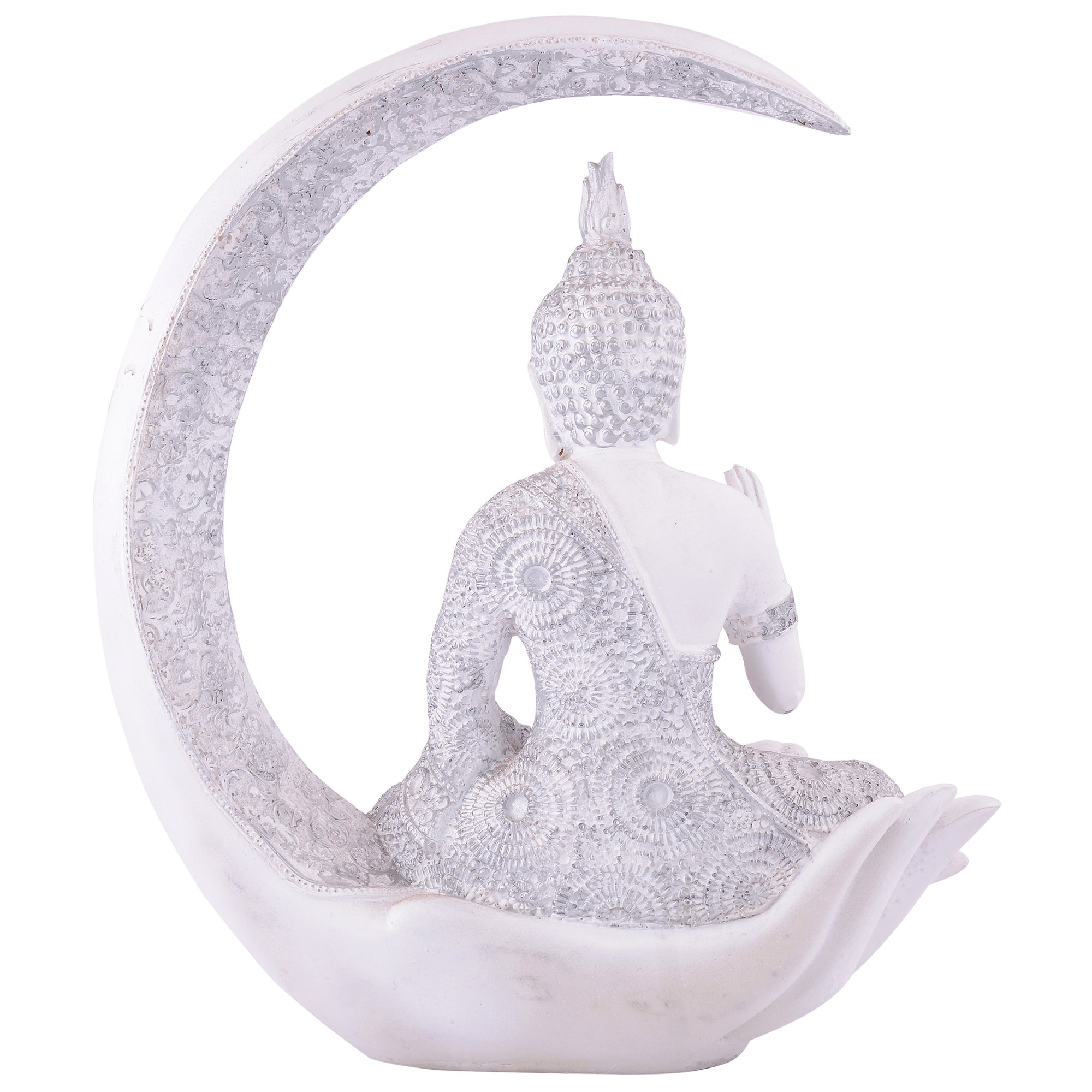Buddha Sitting On Chand White with Silver Work