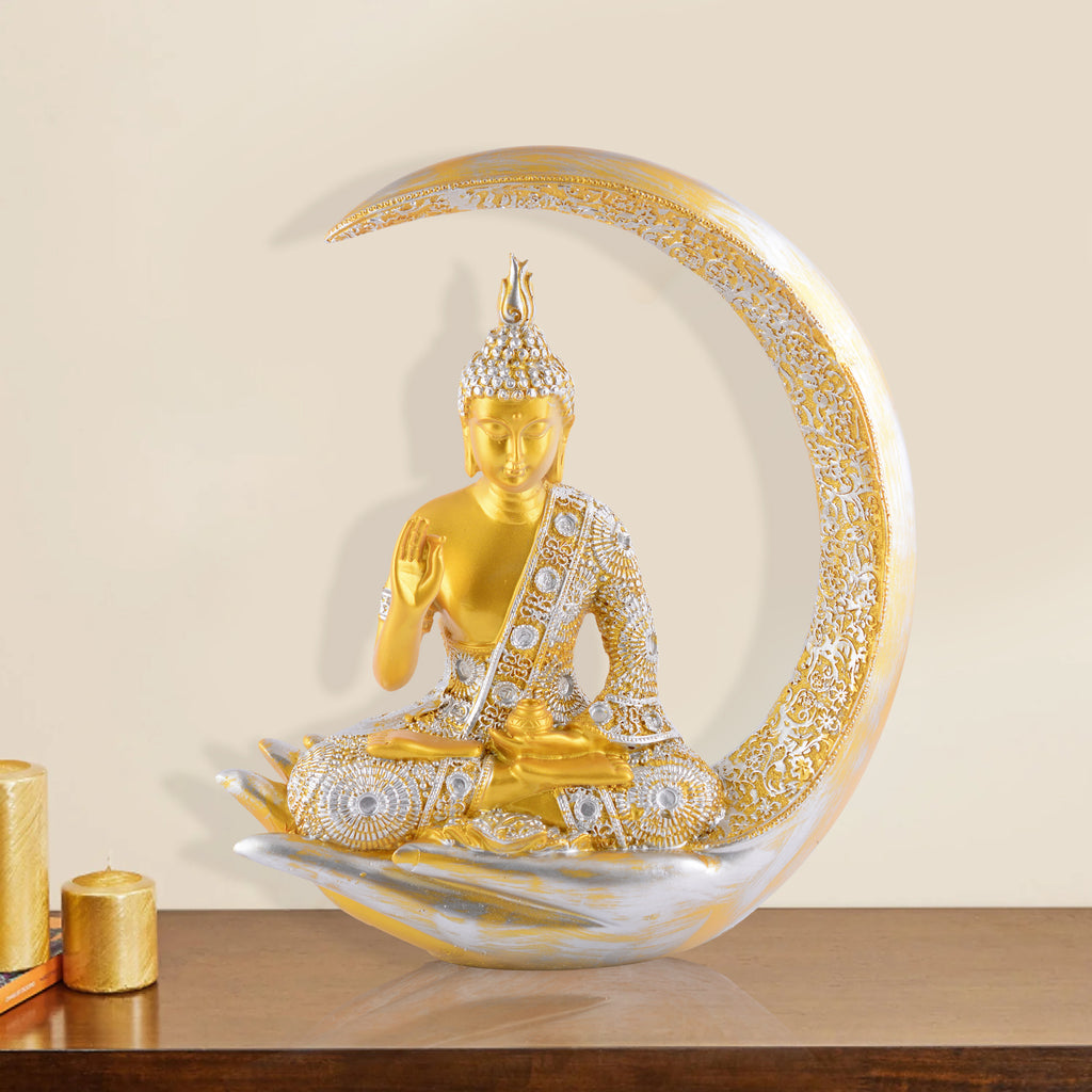 Buddha Sitting On Chand Golden with Silver Work