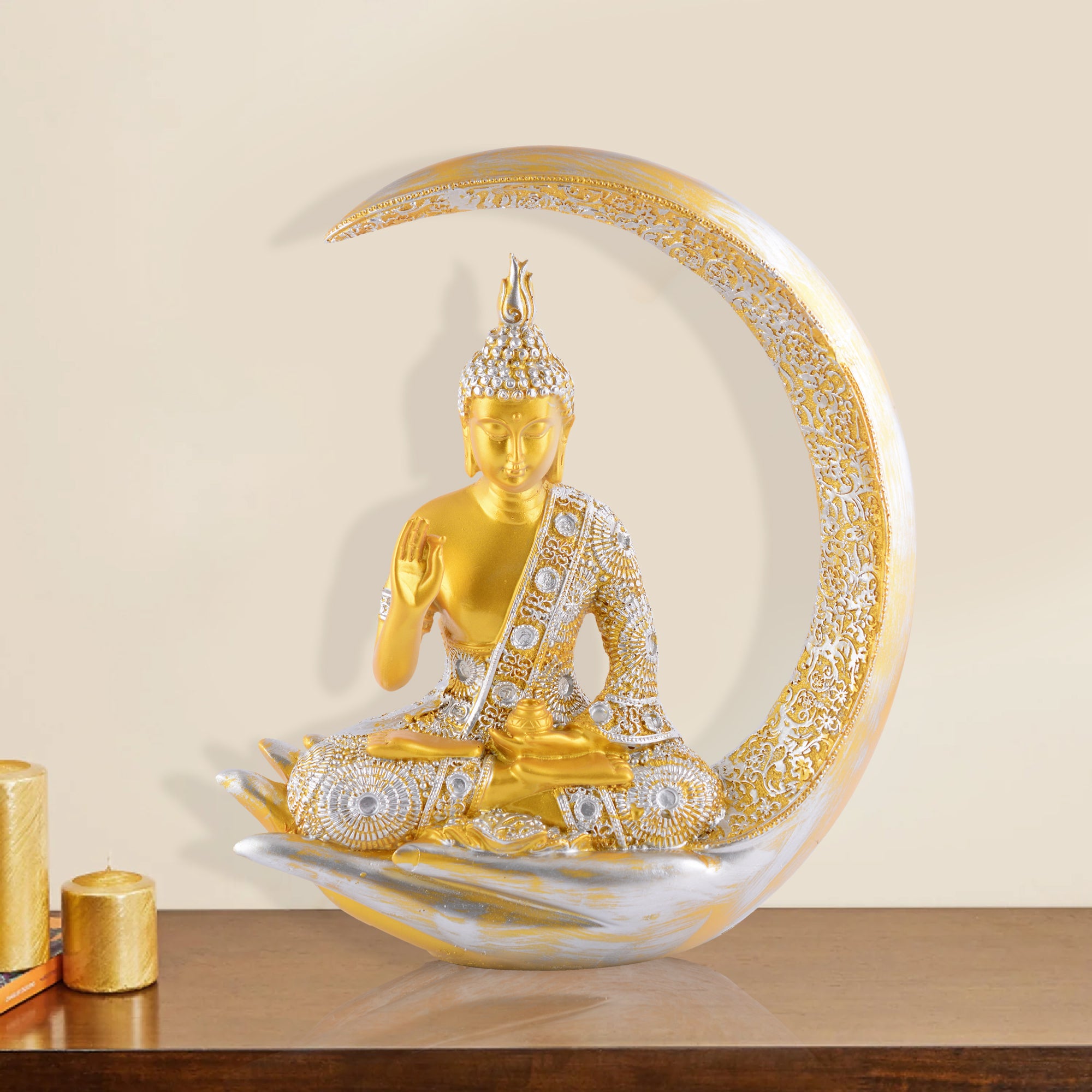 Buddha Sitting On Chand Golden with Silver Work