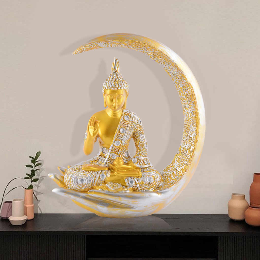 Buddha Sitting On Chand Golden with Silver Work