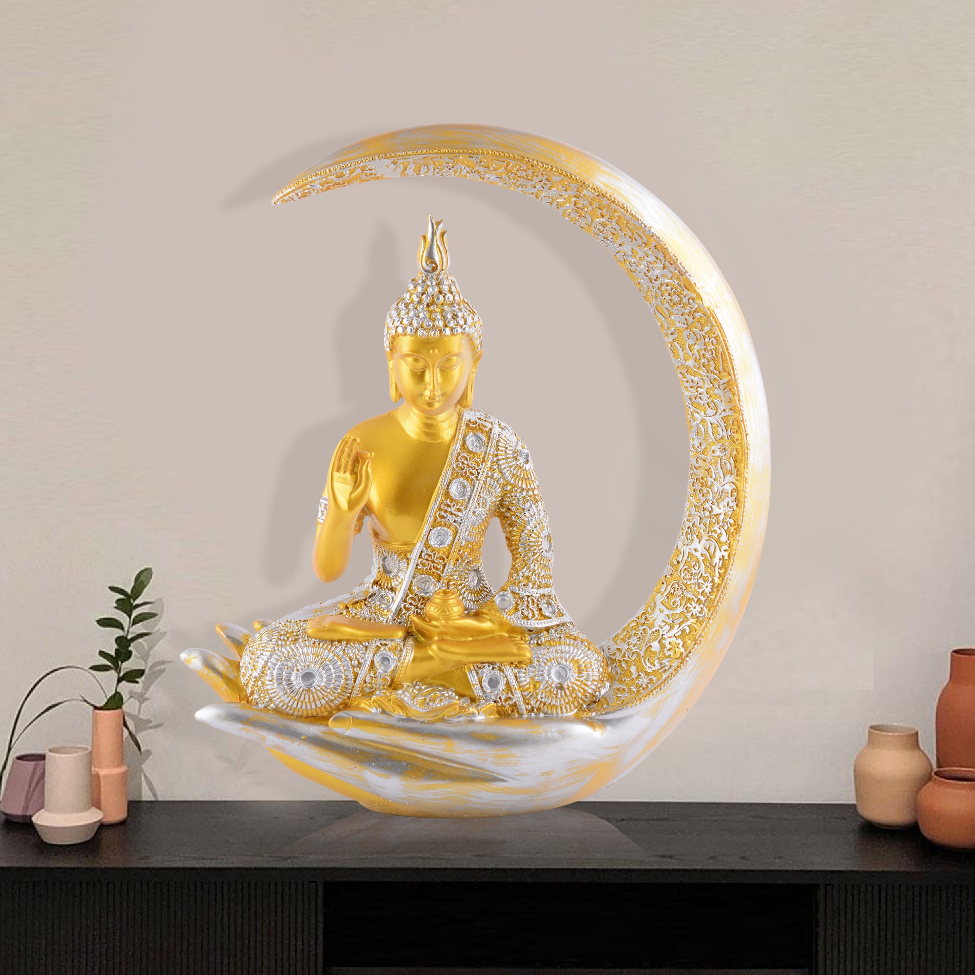 Buddha Sitting On Chand Golden with Silver Work